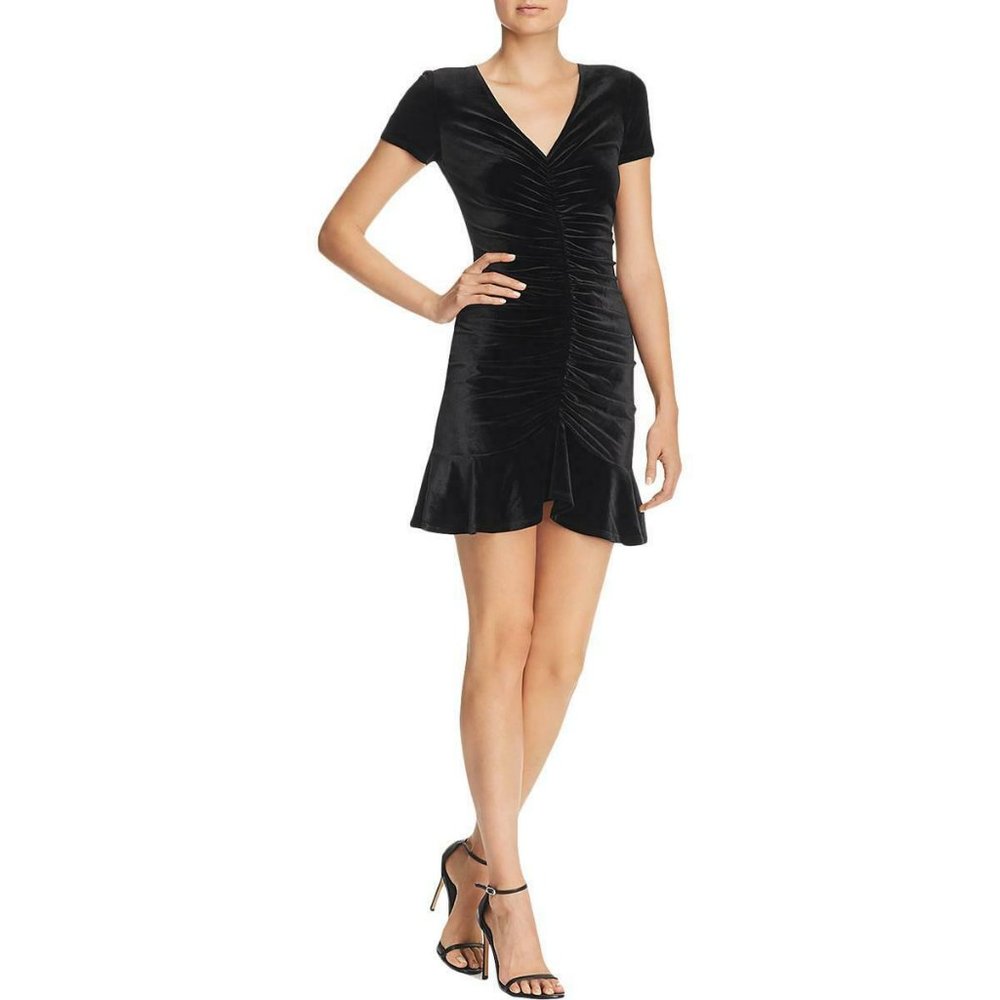 AQUA Black Velvet Ruched Mini Dress NWT, L Large, Soft Comfy Stretchy